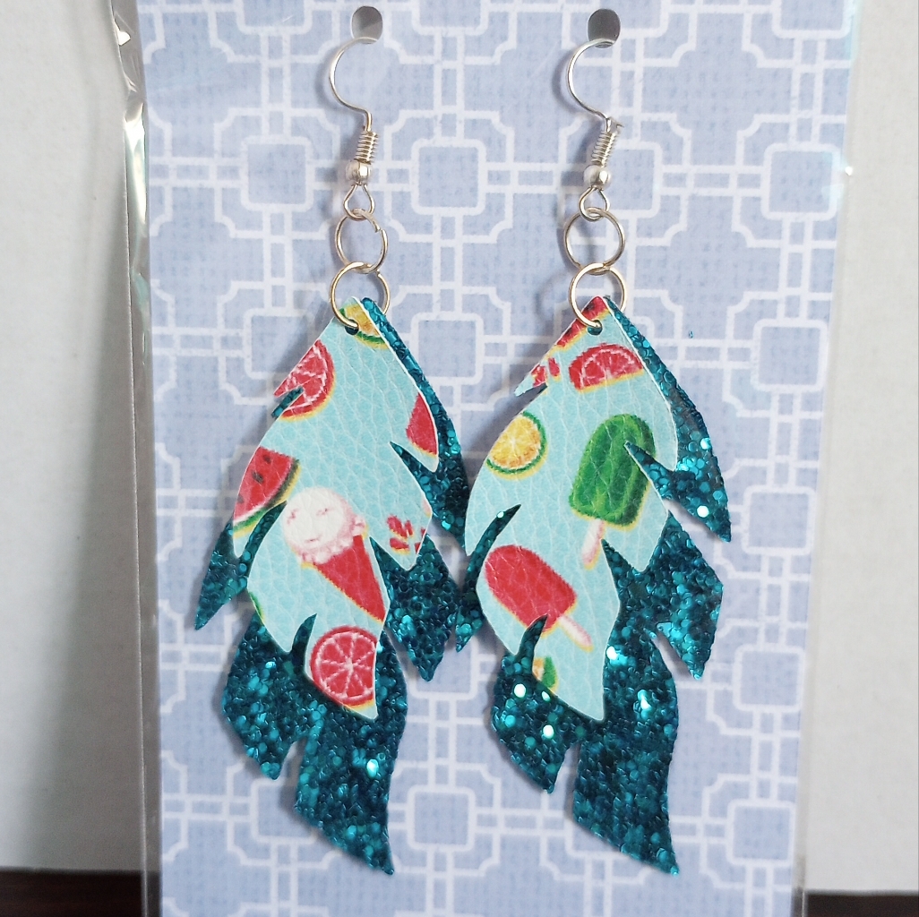 Blue Glitter Ice Cream Fruit Faux Leather Handcrafted New Earrings